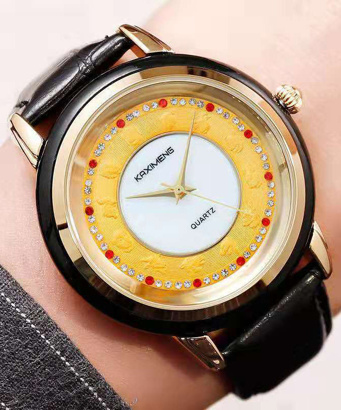 Montre étanche en alliage de cuir noir bohème, incrustée de zircons, verre trempé et jade - Street-Wave