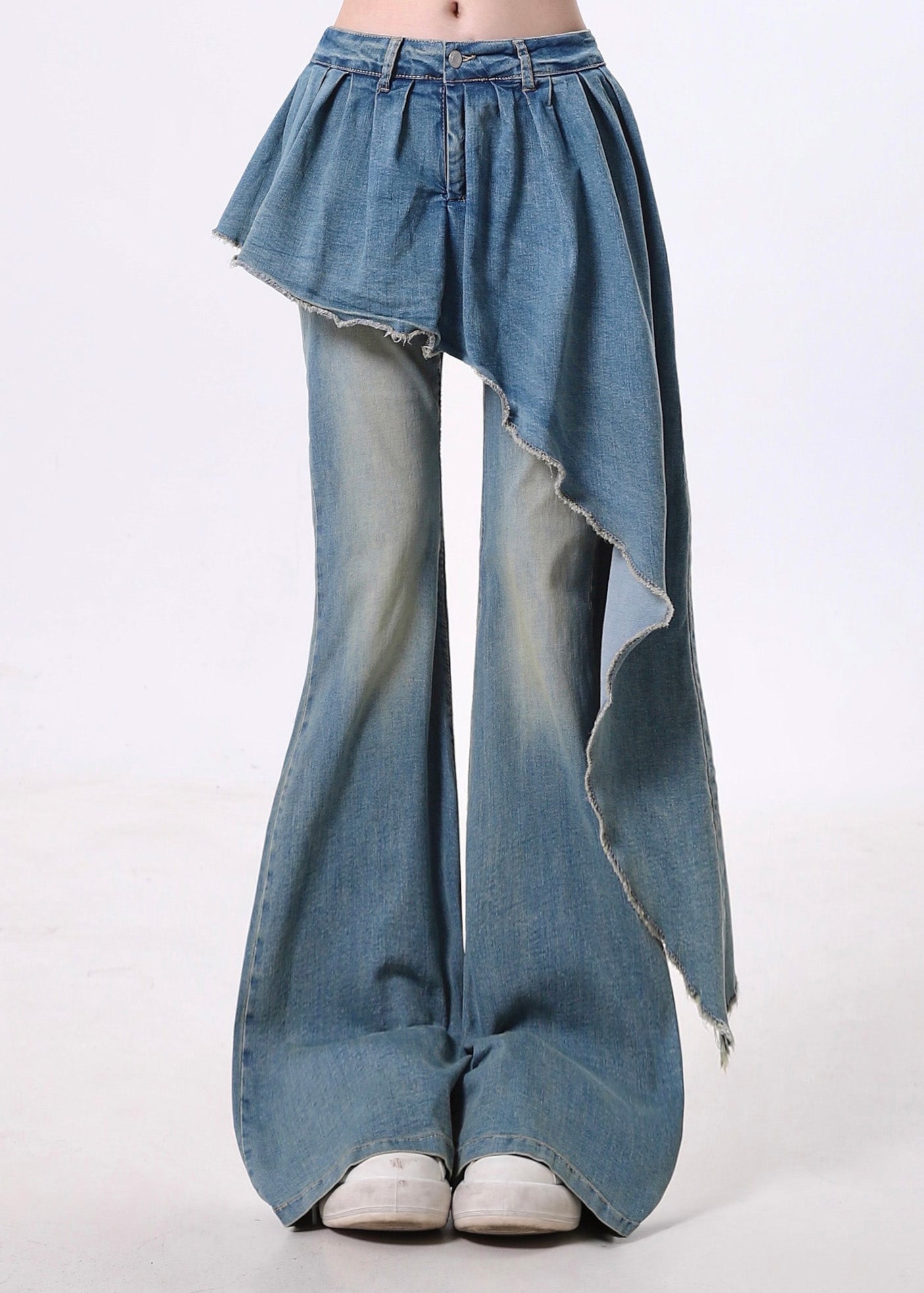 Pantalon évasé en denim bleu bohème asymétrique patchwork, printemps - Street-Wave