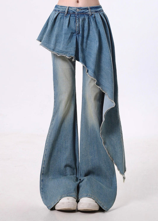 Pantalon évasé en denim bleu bohème asymétrique patchwork, printemps - Street-Wave