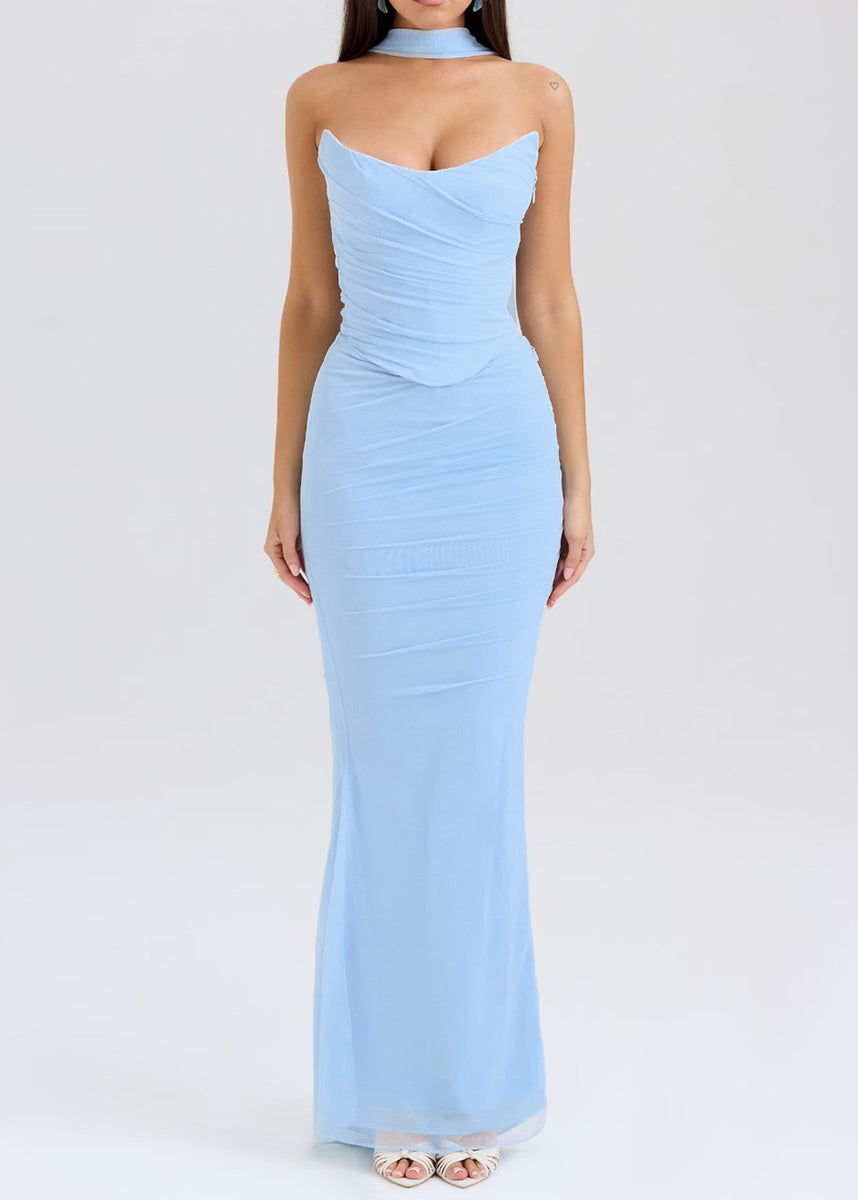 Robe bohème bleue dos nu en tulle sans bretelles - Street-Wave