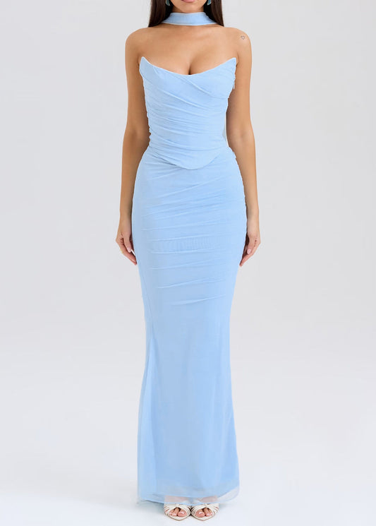 Robe bohème bleue dos nu en tulle sans bretelles - Street-Wave
