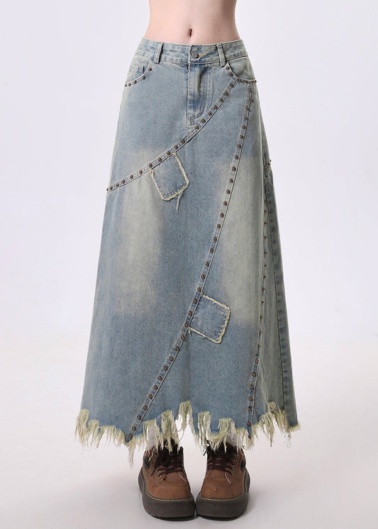 Jupe trapèze en jean bleu bohème à franges et rivets, style patchwork, printemps - Street-Wave