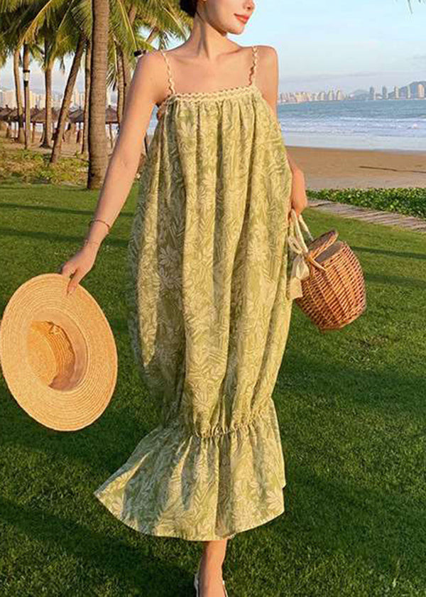 Robe d'été à bretelles spaghetti en coton imprimé bohème vert - Street-Wave