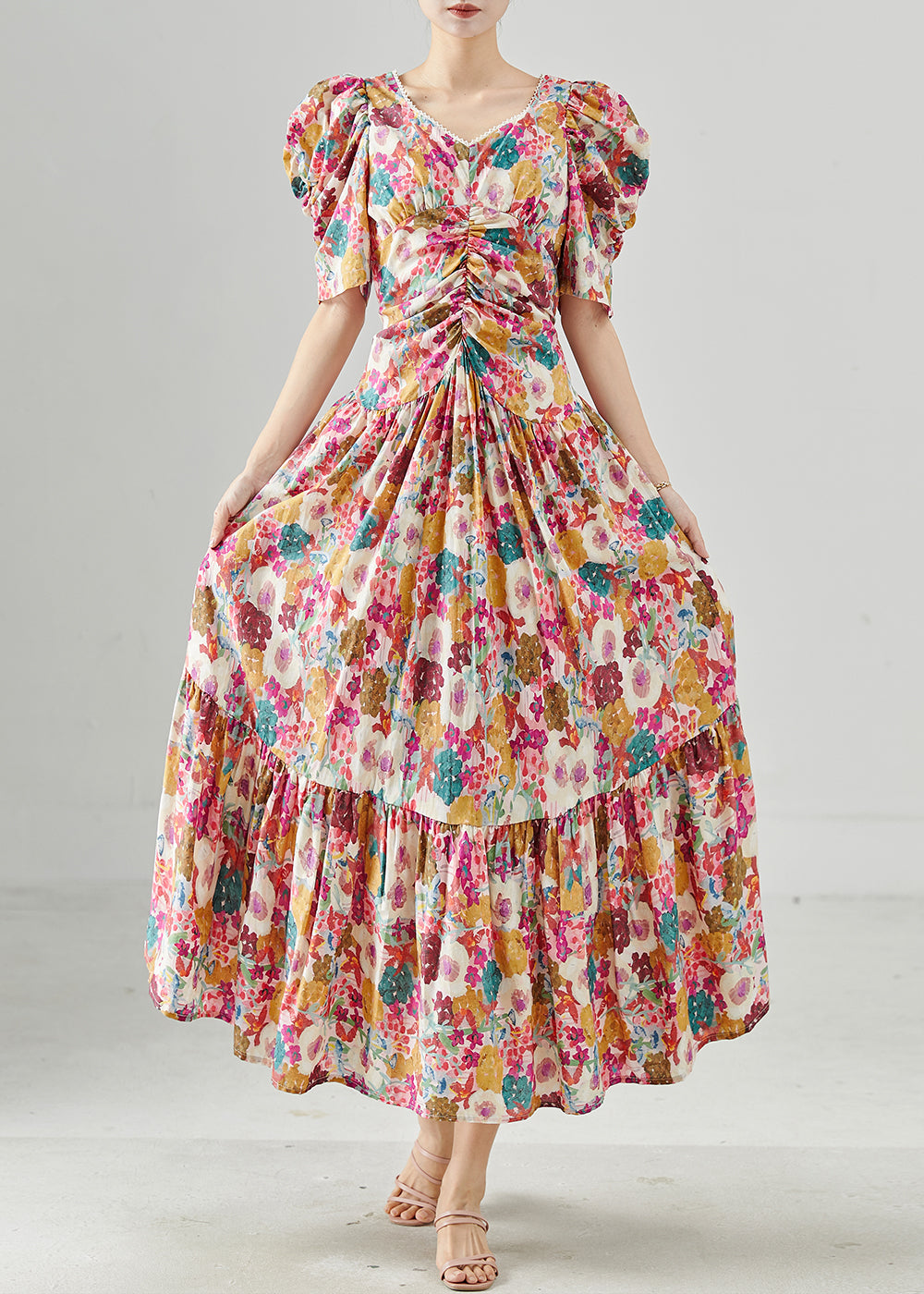 Robe longue bohème en coton imprimé à manches bouffantes pour l'été - Street-Wave