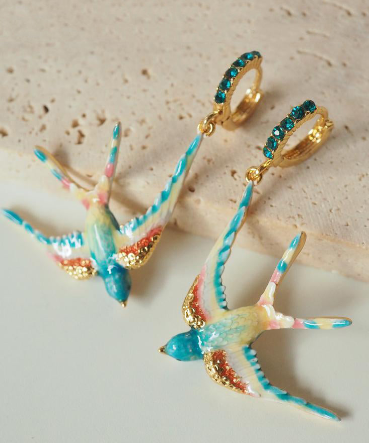 Boucles d'oreilles pendantes bohèmes en alliage de cuivre et émail avec pierres précieuses en forme d'hirondelle - Street-Wave