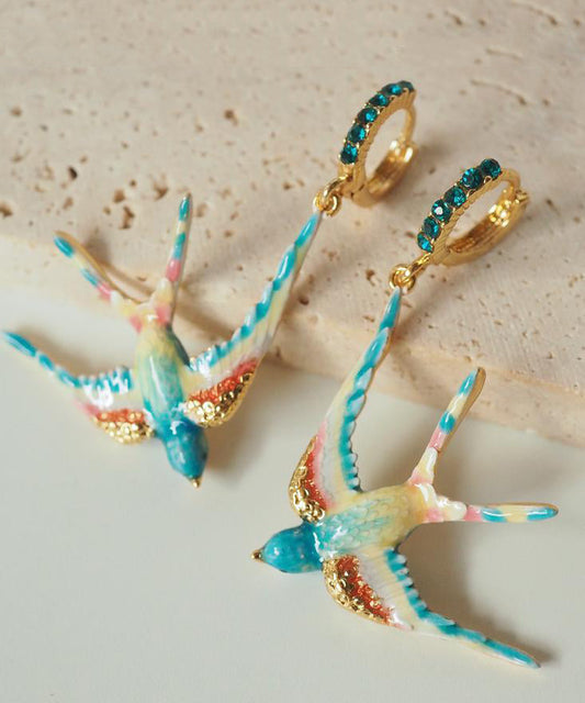 Boucles d'oreilles pendantes bohèmes en alliage de cuivre et émail avec pierres précieuses en forme d'hirondelle - Street-Wave