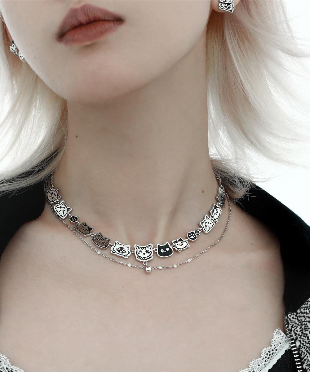 Collier double couche en acier inoxydable et soie de Bohème avec motif graffiti et chat - Street-Wave