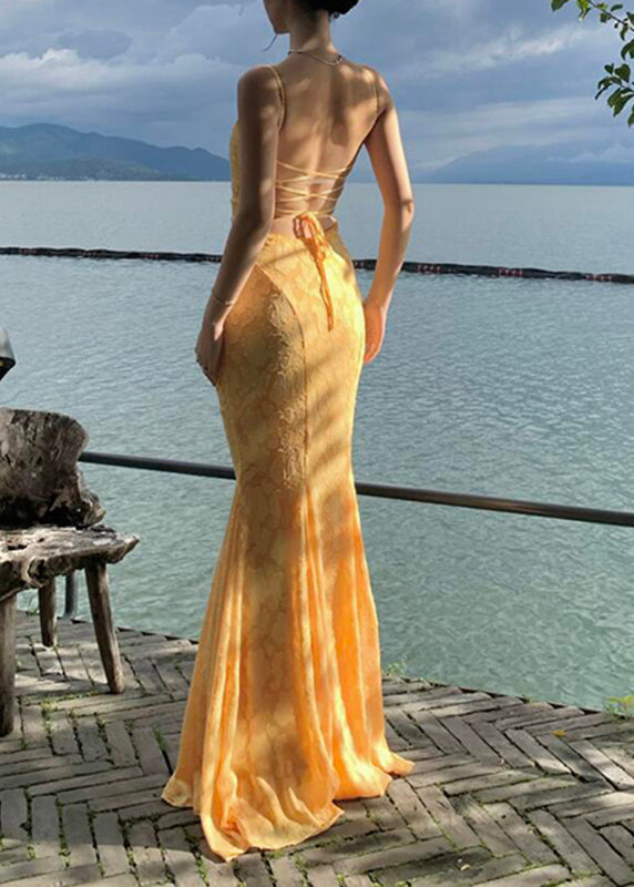 Robe longue bohème jaune dos nu en dentelle à bretelles spaghetti et queue de poisson sans manches - Street-Wave