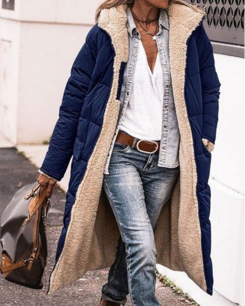 Street-Wave Long Puffer Coat With Fur-Lined Interior Hooded Warm Winter Outerwear For Women
