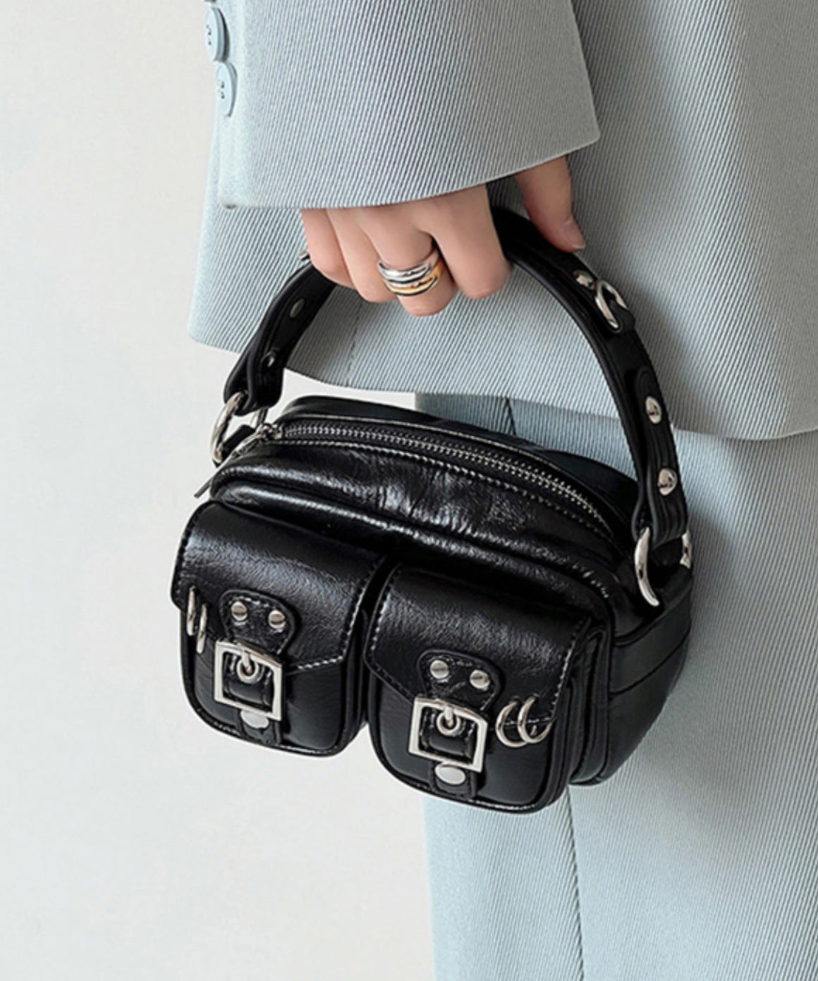 Mini sac Boho noir solide et durable avec poches en similicuir - Street-Wave