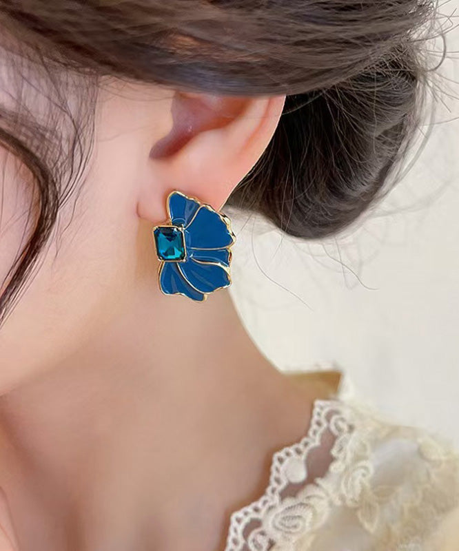 Boucles d'oreilles à tige en alliage bleu bohème avec cristaux et pétales émaillés - Street-Wave