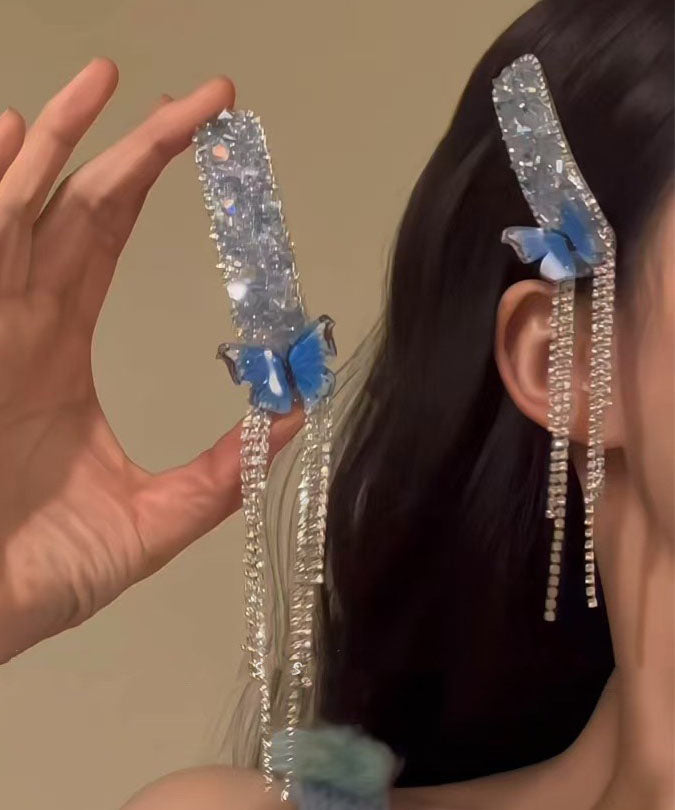 Épingles à cheveux bohèmes bleues en alliage de zircon et pompon papillon (paire) - Street-Wave
