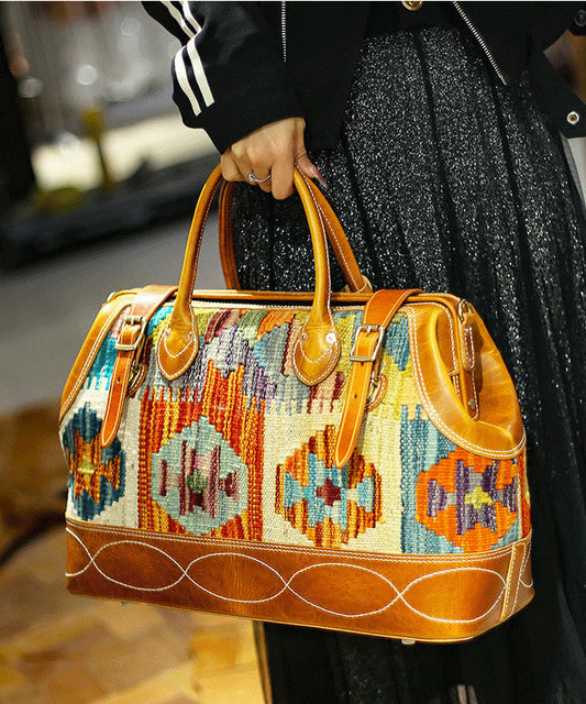 Sac fourre-tout en cuir et toile de lin style bohème marron jacquard patchwork - Street-Wave