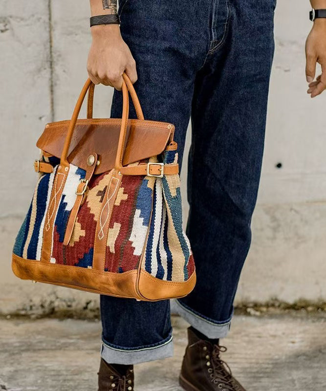 Sac fourre-tout en cuir patchwork imprimé marron bohème - Street-Wave