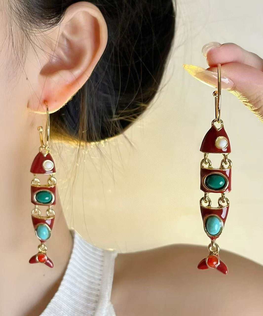 Boucles d'oreilles pendantes bohèmes en alliage de cuivre émaillé, forme de poisson, colorblock. - Street-Wave