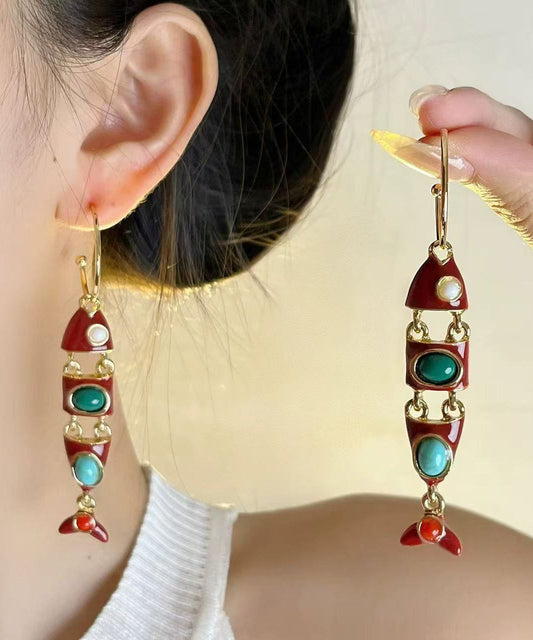 Boucles d'oreilles pendantes bohèmes en alliage de cuivre émaillé, forme de poisson, colorblock. - Street-Wave