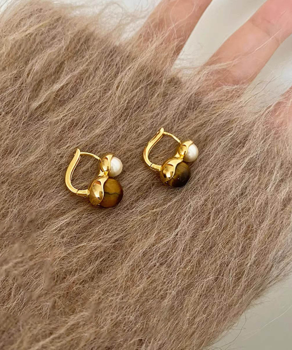 Boucles d'oreilles créoles en alliage de cuivre doré style bohème avec pierre œil de chat et perles - Street-Wave