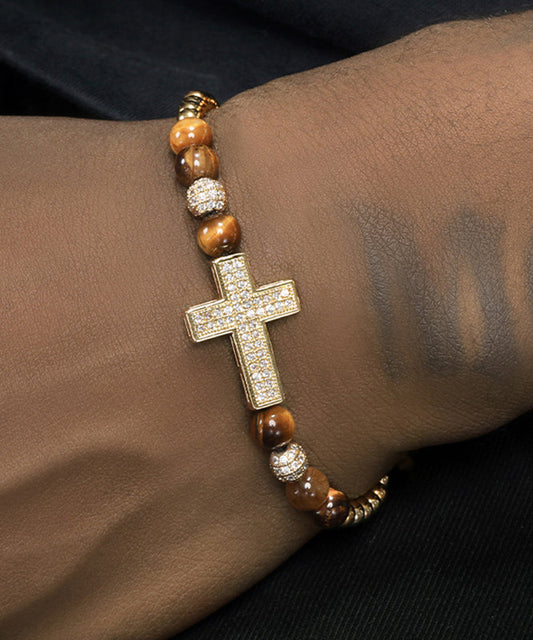 Bracelet à breloques Boho pour homme, croix en zircon doré et cuivre - Street-Wave