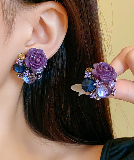 Boucles d'oreilles à tige en verre floral en résine et zircon violet style bohème - Street-Wave
