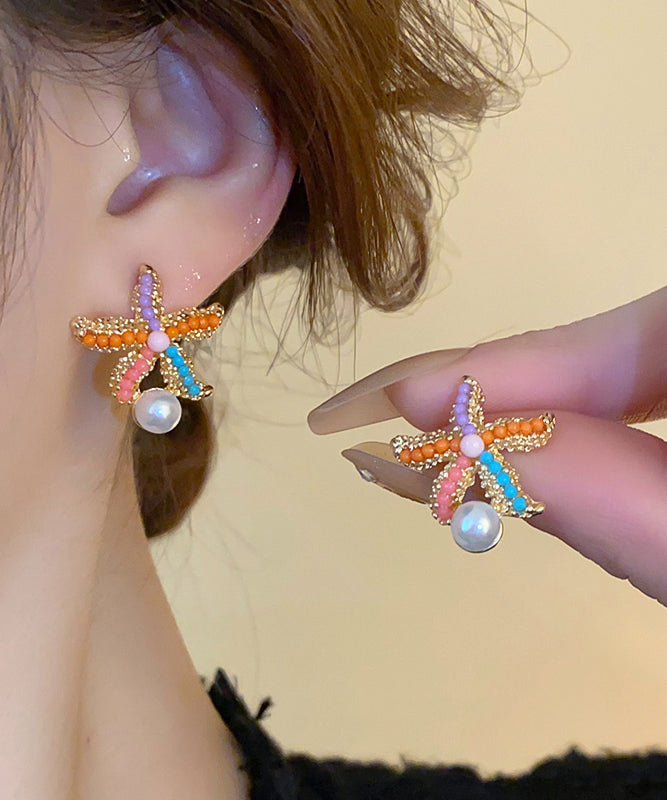 Boucles d'oreilles à tige style bohème arc-en-ciel en alliage de zircon et perles en forme d'étoile de mer - Street-Wave