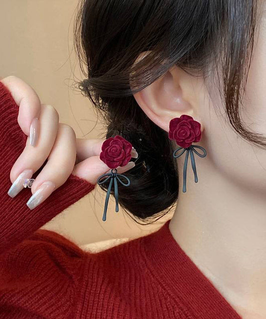 Boucles d'oreilles à tige style bohème en alliage de cuivre rouge avec nœud rose floqué - Street-Wave