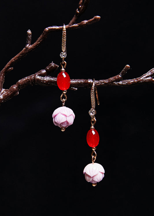 Boucles d'oreilles pendantes en pierre de fleur de Lotus fine, gemme rouge Boho - Street-Wave