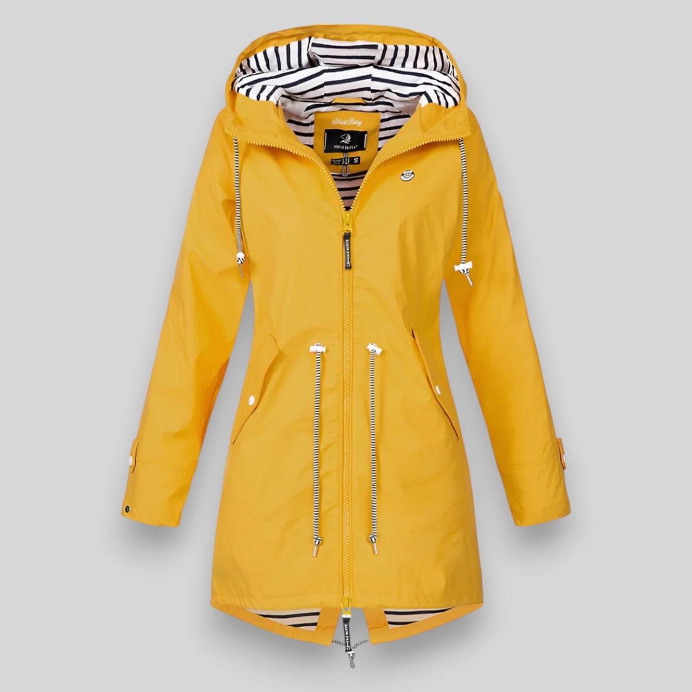 Street-wave Women Waterproof Jacket With Adjustable Waist, Striped Lined Hood, Elegant Rainwear