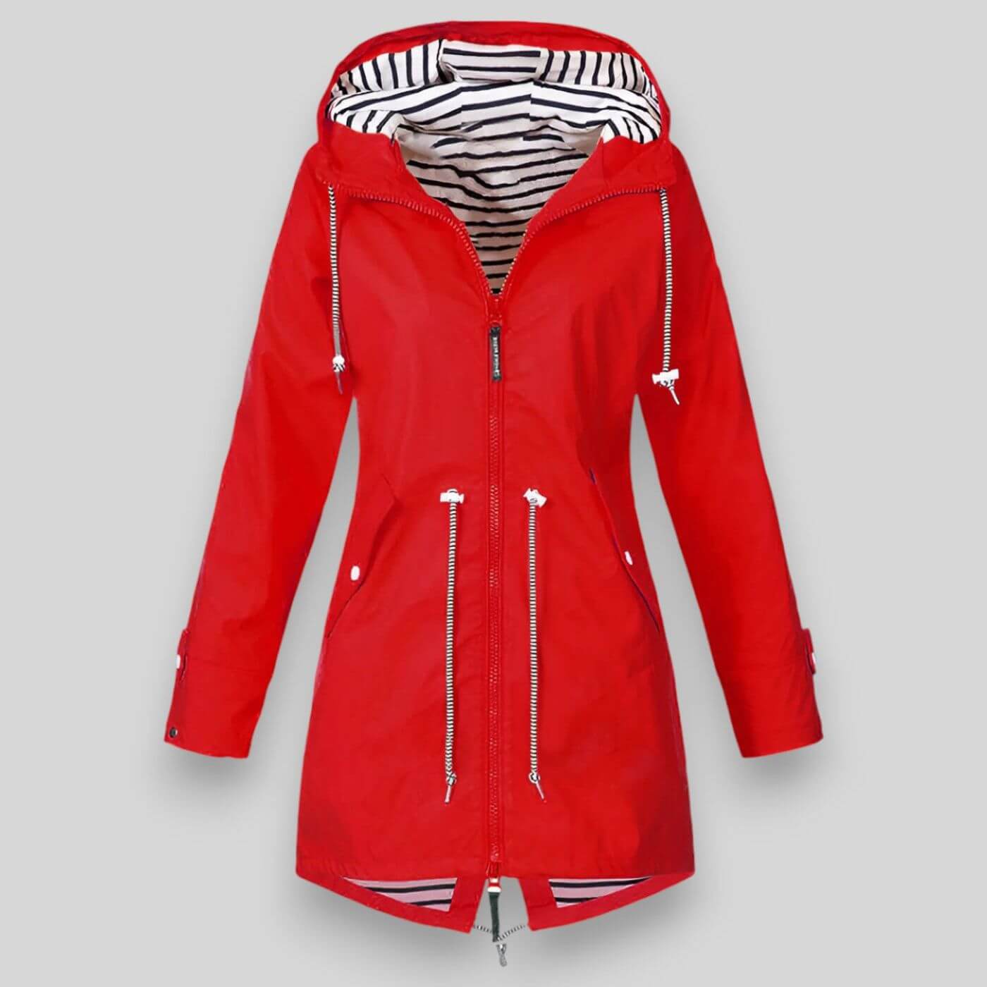 Street-wave Women Waterproof Jacket With Adjustable Waist, Striped Lined Hood, Elegant Rainwear