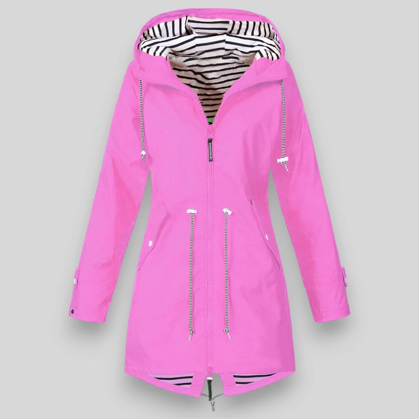 Street-wave Women Waterproof Jacket With Adjustable Waist, Striped Lined Hood, Elegant Rainwear