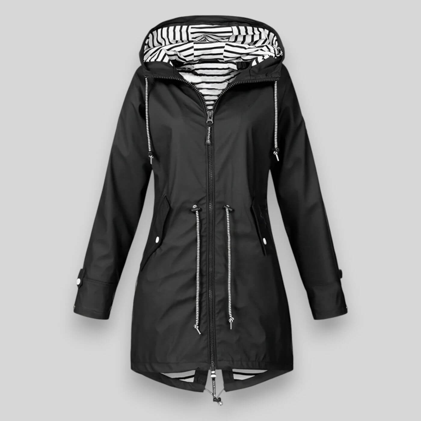 Street-wave Women Waterproof Jacket With Adjustable Waist, Striped Lined Hood, Elegant Rainwear