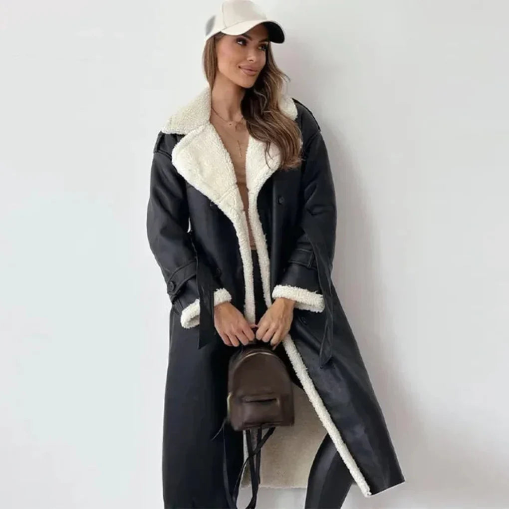 Streetwave Long Winter Coat With Shearling Trim And Button Closure For Women Warm Cozy Timeless Style
