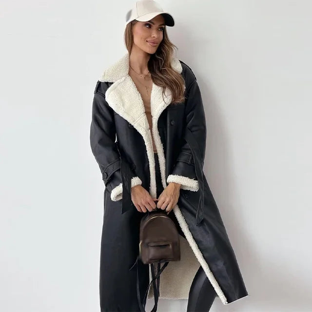Street-Wave Long Coat With Faux Shearling Trim For Trendsetting Women Cozy Warmth
