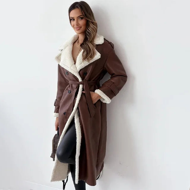 Street-Wave Long Coat With Faux Shearling Trim For Trendsetting Women Cozy Warmth