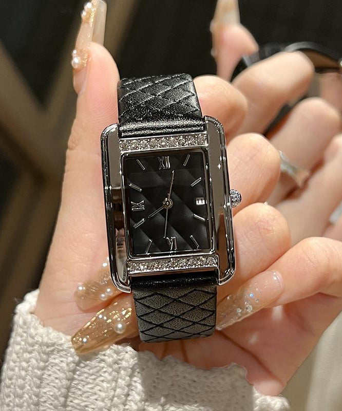 Montre étanche en cuir noir et alliage à carreaux patchwork - Street-Wave