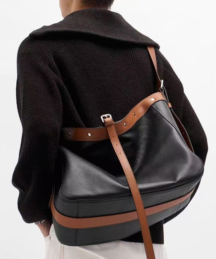 Sac messager en cuir noir patchwork grande capacité pour homme - Street-Wave