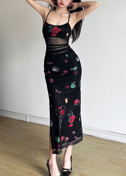 Robe d'été à bretelles spaghetti en tulle imprimé noir - Street-Wave