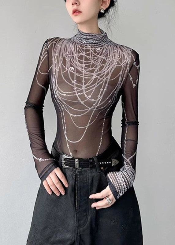 Boutique Haut en tulle noir à col roulé et imprimé perles Printemps - Street-Wave