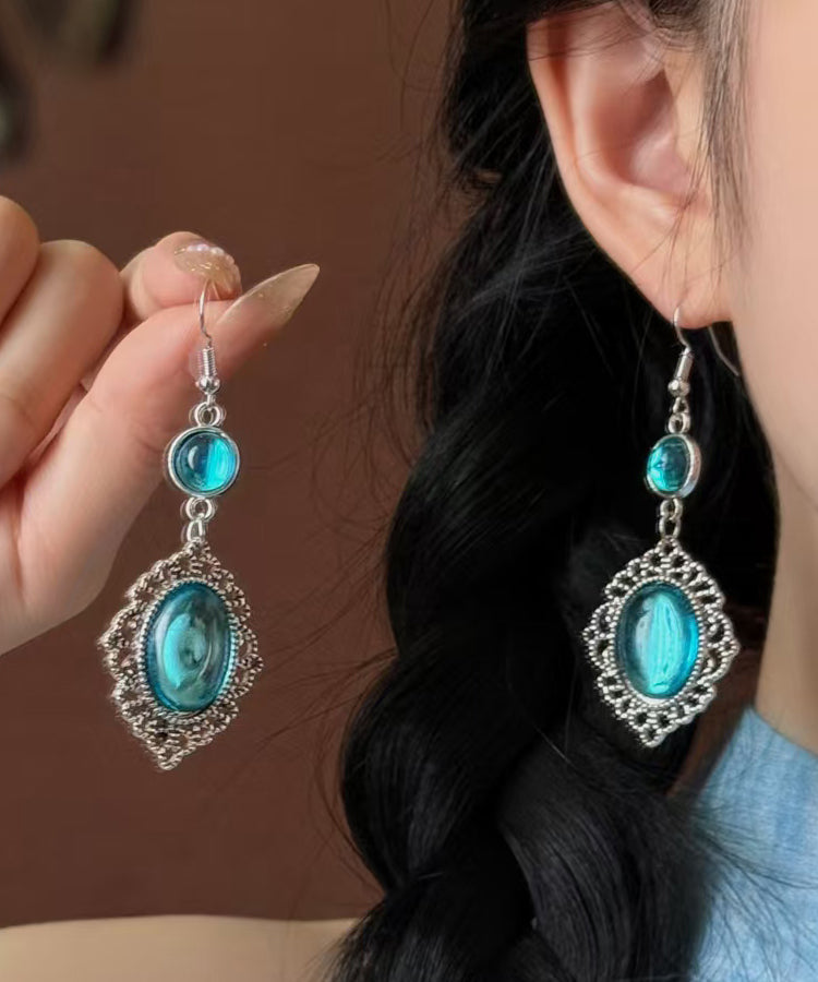 Boucles d'oreilles pendantes creuses en argent sterling bleu avec pierres précieuses - Street-Wave