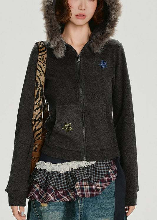 Manteau d'hiver à capuche en coton gris anthracite avec col en fausse fourrure de lapin et étoile - Street-Wave