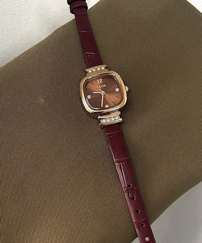 Montre à quartz en cuir rouge foncé avec verre trempé et mouvement à quartz - Street-Wave