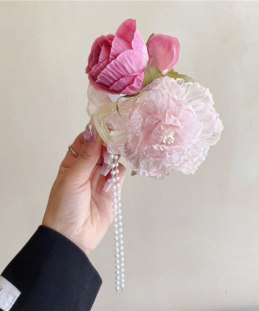 Épingle à cheveux en tissu tulle floral avec pompon et perles - Street-Wave