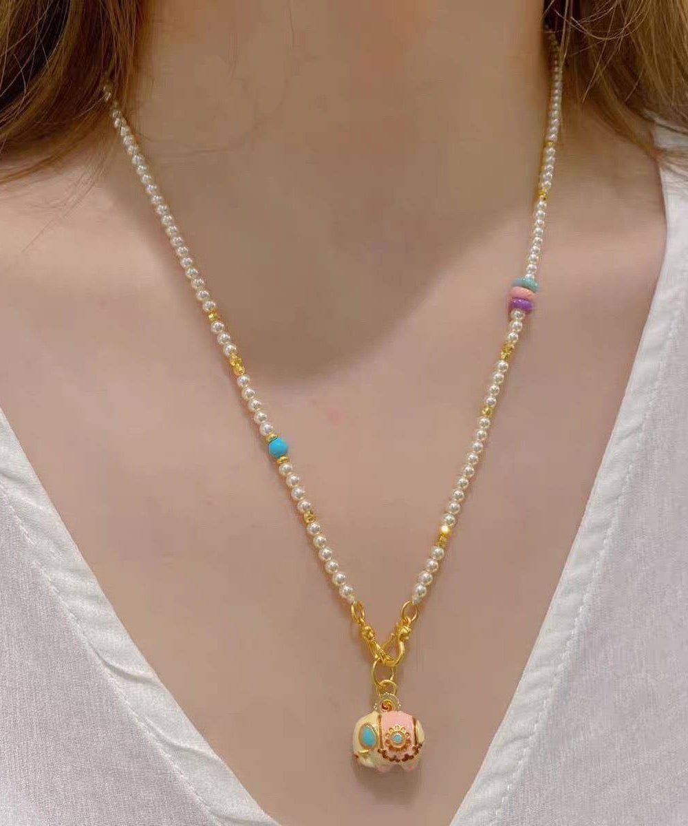 Collier avec pendentif petit éléphant en alliage d'or et perles - Street-Wave