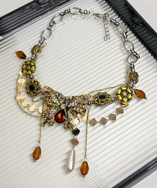 Collier avec pendentif papillon et pompon en alliage d'or et zircons - Street-Wave