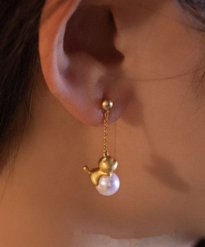 Boucles d'oreilles pendantes en argent sterling doré et perles de petits chats - Street-Wave