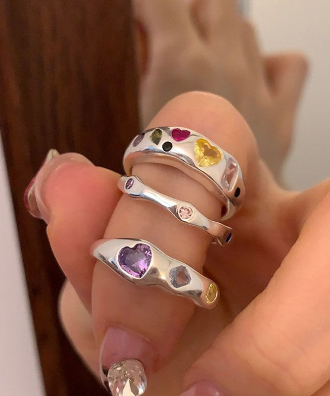 Ensemble de trois bagues d'amour asymétriques en acier inoxydable arc-en-ciel avec zircon - Street-Wave