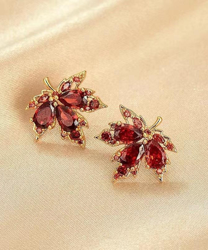 Boucles d'oreilles à tige en alliage rouge et zircon en forme de feuille d'érable - Street-Wave