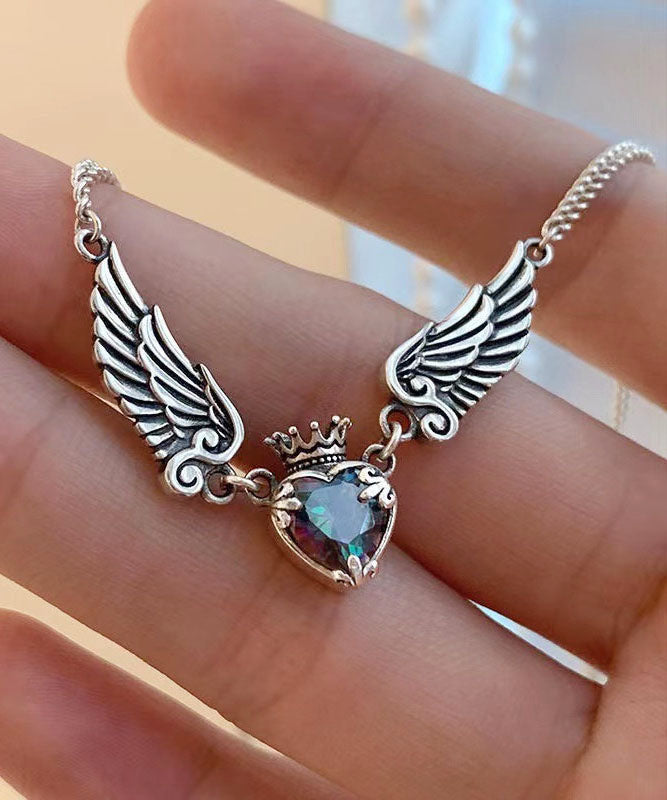 Collier avec pendentif en argent sterling et cristal, couronne d'amour et ailes, Boutique Silk - Street-Wave
