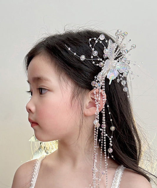 Épingle à cheveux en alliage acrylique blanc avec pompon et papillon en cristal pour filles - Street-Wave