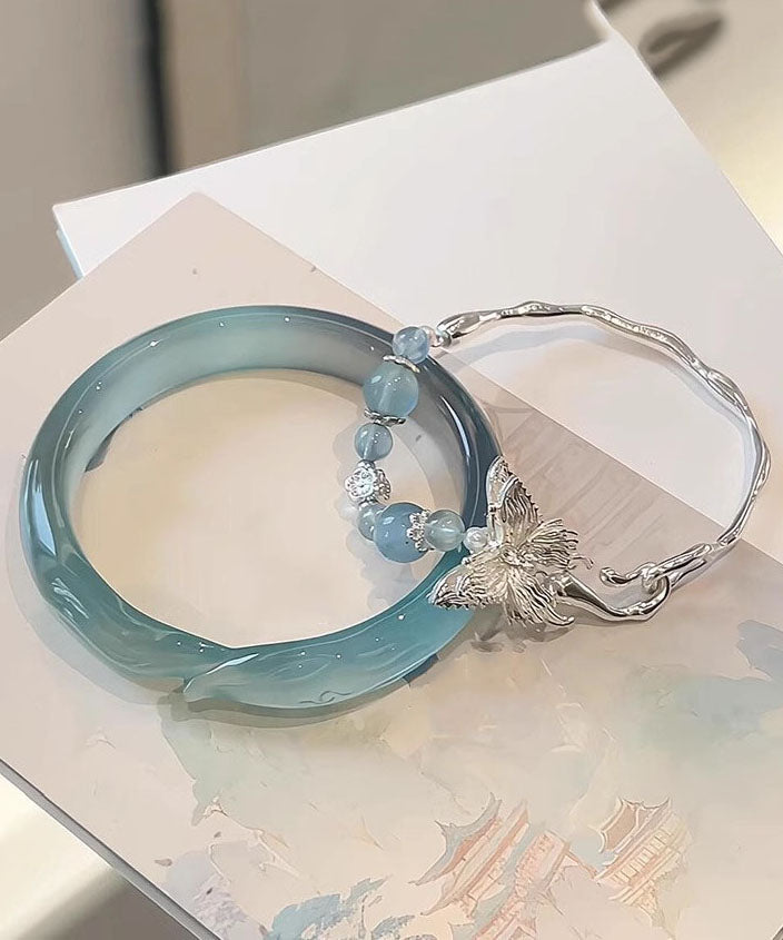 Ensemble de deux bracelets courts en argent sterling, zircon et jade, ornés d'un papillon - Street-Wave