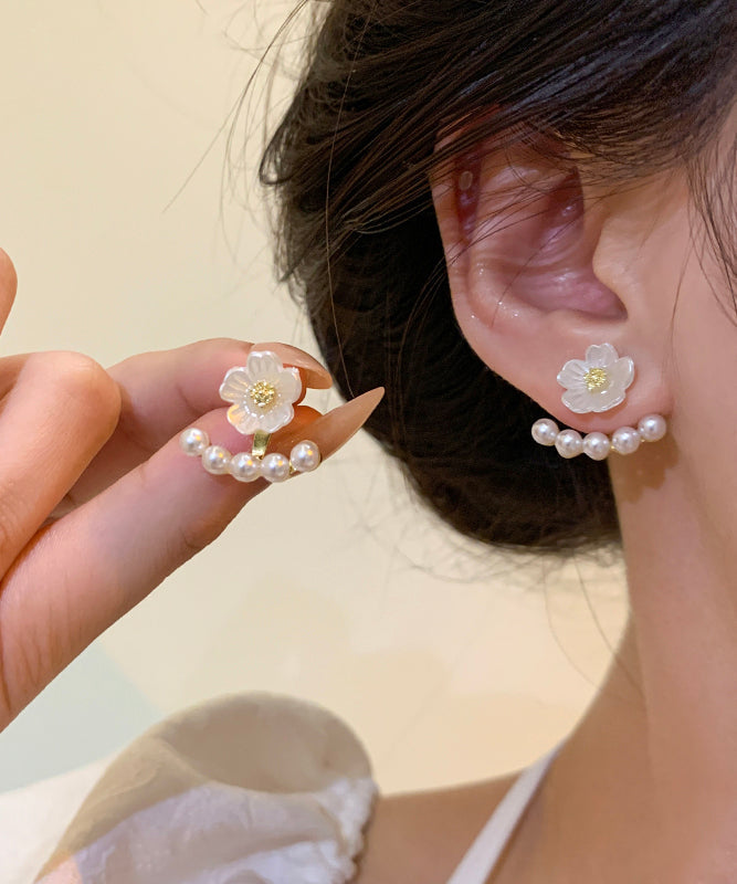 Boucles d'oreilles à tige florales en cuivre blanc surdoré avec perles - Street-Wave